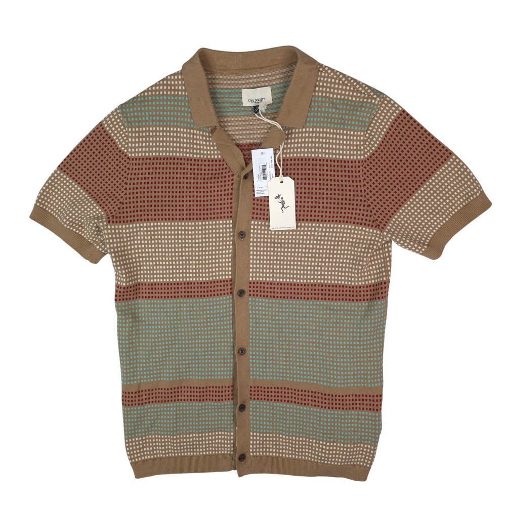 Civil Society Faro Knit Shirt Mens Small Brown Striped Cotton Retro Boho Resort